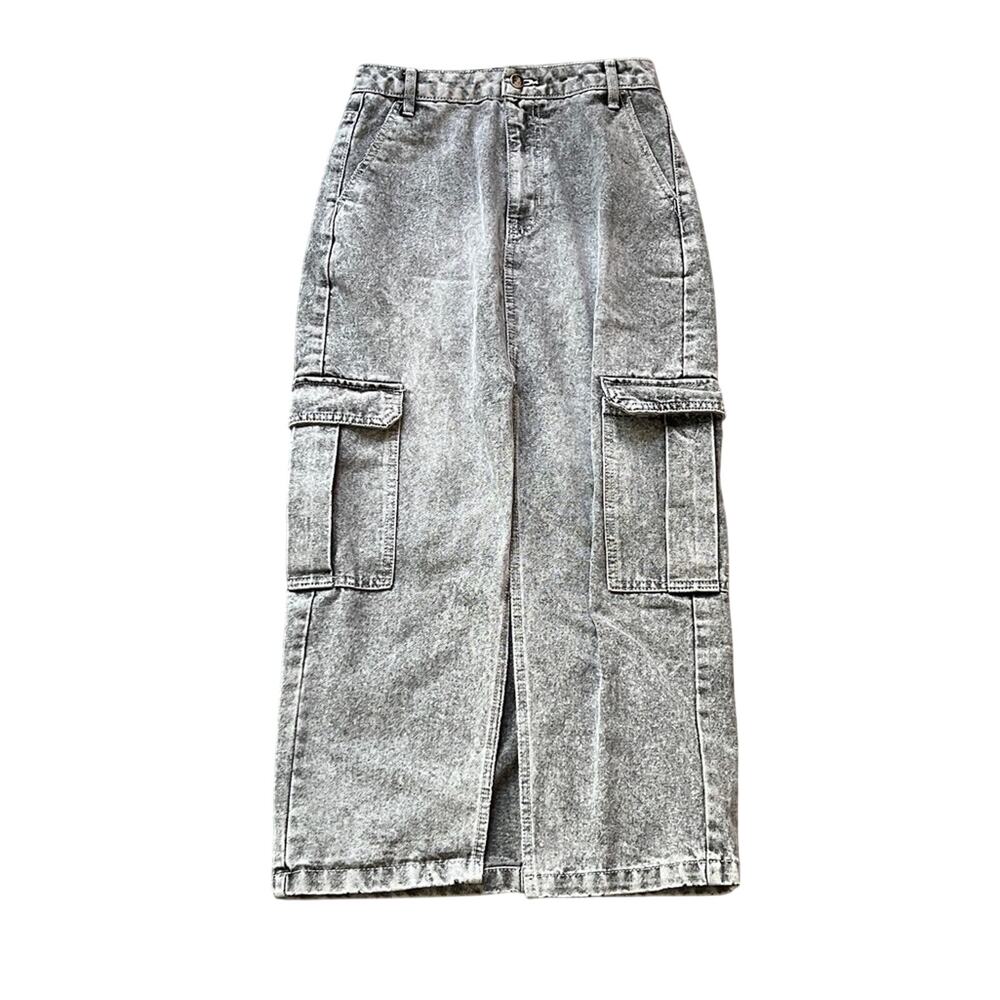 Love, Fire Cargo Denim Skirt Gray Acid Wash Midi Y2K Streetwear - 5